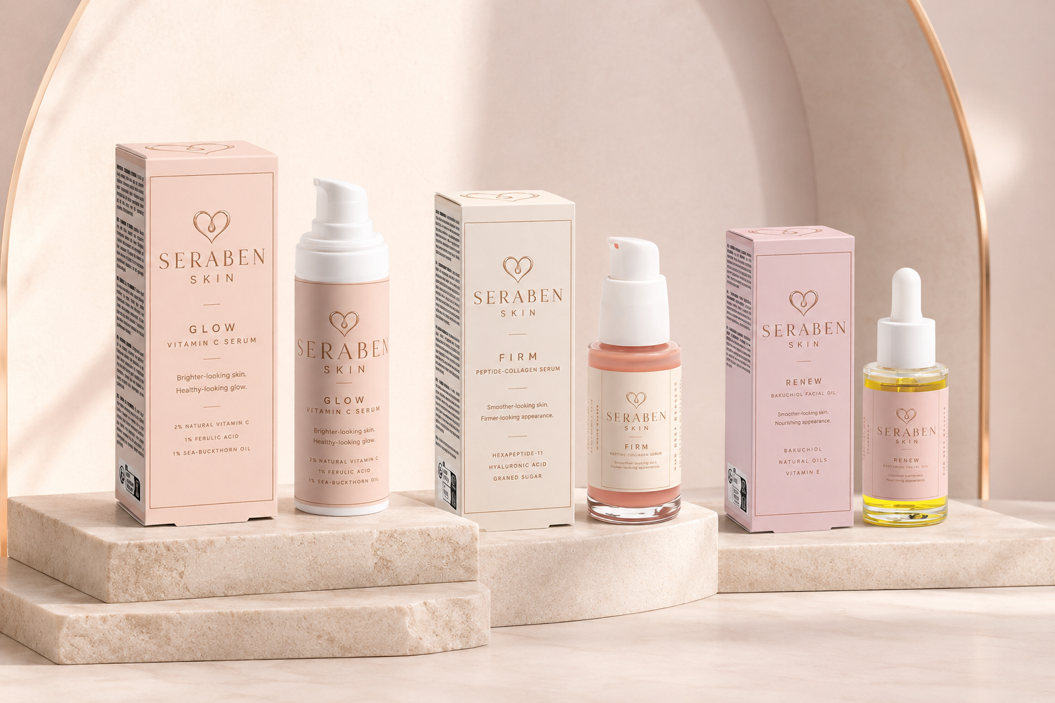 SERABEN Skin GLOW, FIRM and RENEW skincare collection